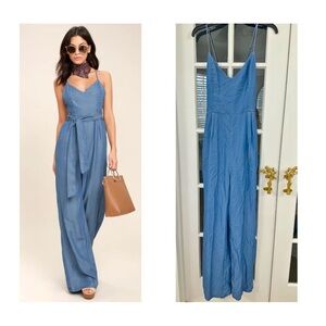 LULUS Cruisin' Cutie Blue Chambray Jumpsuit (Size XL)